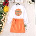 Set: Lettering Pullover + Faux Leather Mini A-line Skirt