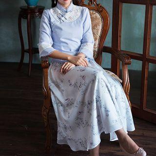 3/4-sleeve Paneled Embroidered Top