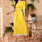 Lace-trim Short-sleeve Midi A-line Dress Lemon Yellow - L