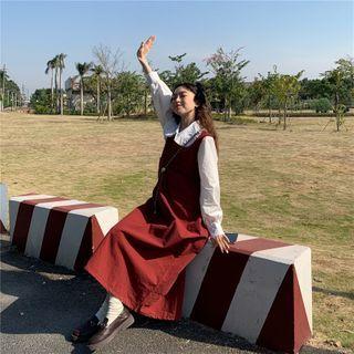 Collared Long-sleeve Shirt + Long Pinafore Dress
