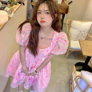 Puff-sleeve Open-back Patterned Dress