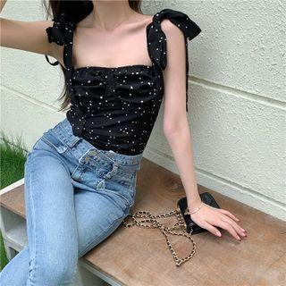 Sleeveless Lace-up Heart Print Top Black - One Size