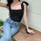 Sleeveless Lace-up Heart Print Top Black - One Size