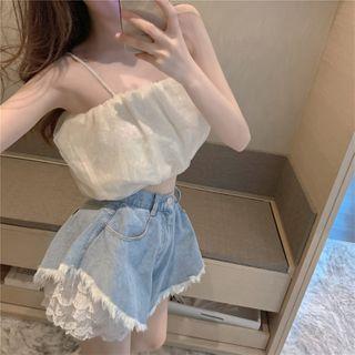 Mesh Sleeveless Top / High Waist Denim Shorts / Lace Shorts