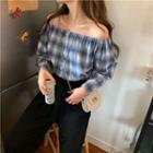 Plaid Off-shoulder Long-sleeve Blouse As Figure - One Size