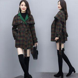 Contrast Collar Plaid Jacket With Sash