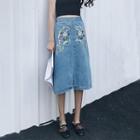 Embroidered High-waisted Denim A-line Skirt