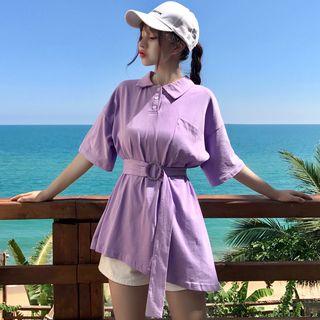Elbow-sleeve Asymmetrical Hem Polo Shirt With Belt