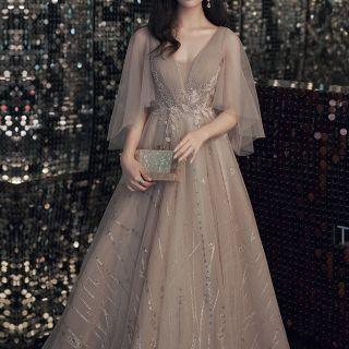 Bell-sleeve Mesh A-line Evening Gown
