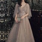 Bell-sleeve Mesh A-line Evening Gown