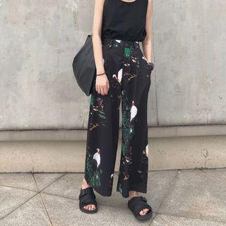 Crane Print Wide-leg Pants