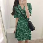 Short-sleeve Floral Print Mini Dress Green - One Size