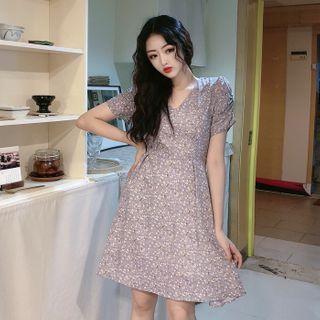 Puff-sleeve Floral Printed Chiffon Dress