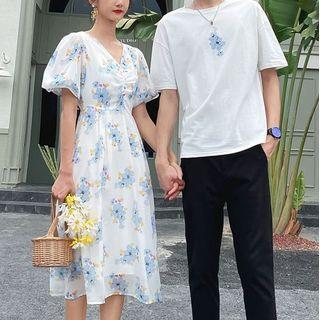 Couple Matching Short-sleeve T-shirt / Floral Print Midi A-line Dress / Pants