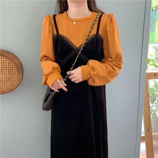 Long-sleeve Mock Two-piece Shift Dress / Midi Dress