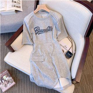Elbow-sleeve Lettering Mini Sheath Dress