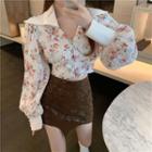 Long-sleeve Floral Print Open-collar Blouse / Irregular Mini Pencil Skirt