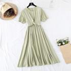 Short-sleeve Knotted Midi A-line Dress