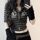 Long-sleeve Striped Lettering Collared T-shirt