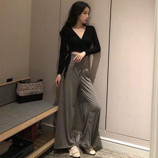 Tie-front Wrapped Top / High-waist Wide-leg Pants