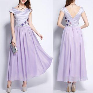 Cap Sleeveless V-neck Floral Embroidered Bridesmaid Dress