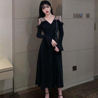 Mesh Panel Long-sleeve Glitter Midi A-line Dress