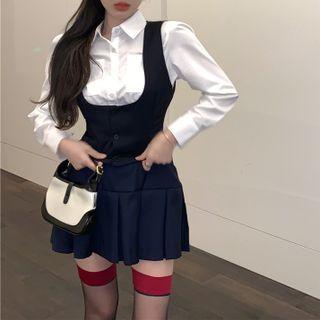 Plain Shirt / Button-up Vest / Pleated Mini A-line Skirt