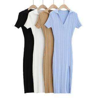 Short-sleeve Collar Ribbed Knit Slit Midi Sheath Dress