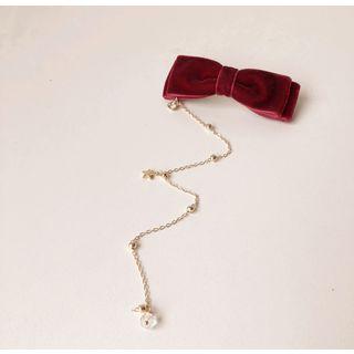 Velvet Ribbon Rhinestone Drop Threader Hair Clip
