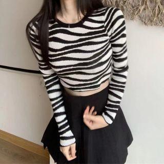 Long-sleeve Zebra Print Slim Fit Crop Top Zebra - Black & White - One Size