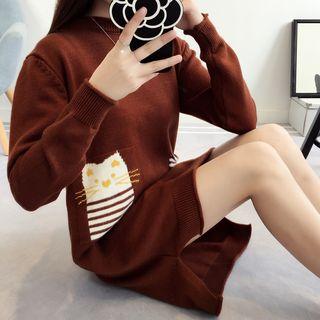 Long-sleeve Cat Print Mini Knit Dress