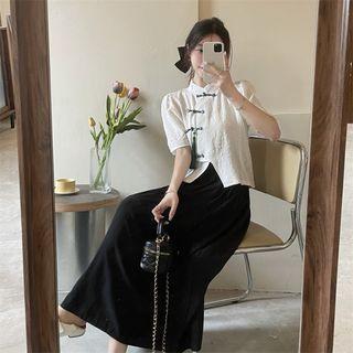 Mock-neck Cropped Top / High-waist Plain A-line Skirt