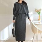 Set: Ribbed Mutton-sleeve Top + Long Skirt