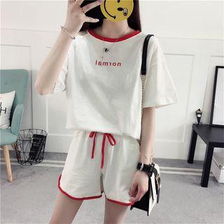 Set: Mesh Panel Elbow-sleeve T-shirt + Piped Shorts