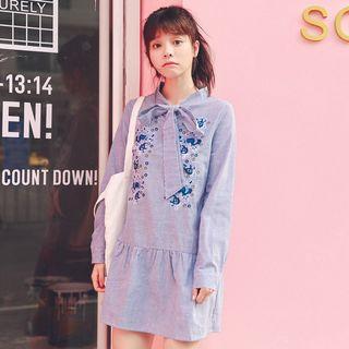Floral Embroidered Striped Tie-neck Long-sleeve A-line Dress
