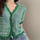 Short-sleeve Buttoned Knit Crop Top Green - One Size