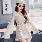 Set: Mesh Sleeve Tweed Top + Mini Tweed Skirt