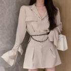 Long-sleeve Mini A-line Dress / Waist Chain