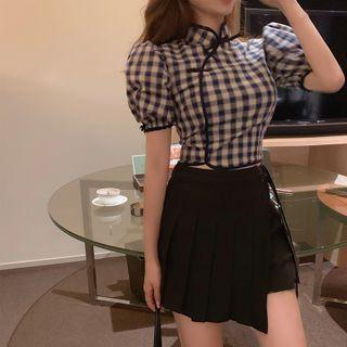 Plaid Stand Collar Hanfu Blouse / Side-slit Pleated Dress