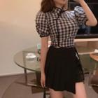 Plaid Stand Collar Hanfu Blouse / Side-slit Pleated Dress