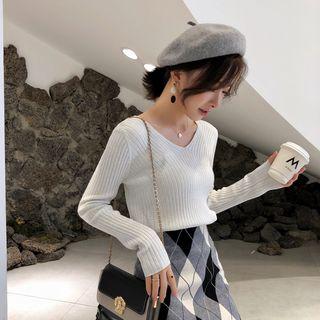Rib-knit V-neck Long-sleeve Top