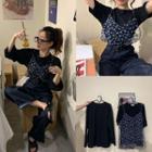 Plain Crew-neck T-shirt / Flower Print Camisole Top