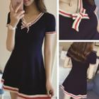 Short-sleeve Contrast Trim Knitted Mini A-line Dress Navy Blue - One Size