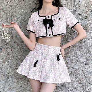 Short-sleeve Cropped Tweed Jacket / Mini A-line Skirt