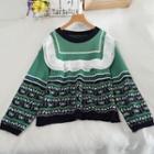 Patterned Frill Trim Sweater Green - One Size