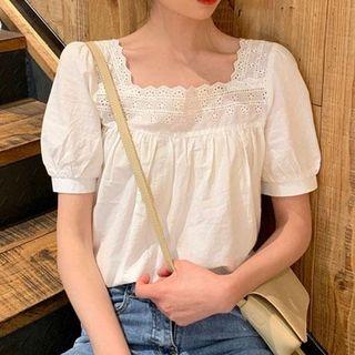 Puff-sleeve Ruffle Trim Blouse White - One Size