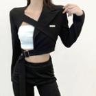 Cutout Metal Belt Cropped Long Sleeve Blazer