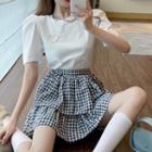 Puff-sleeve Faux Pearl Heart T-shirt / Gingham Layered Mini A-line Skirt