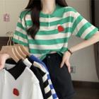 Short-sleeve Strawberry Embroidered Striped Polo Knit Top