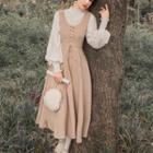 Set: Lantern-sleeve Blouse + Lace-up Midi A-line Pinafore Dress